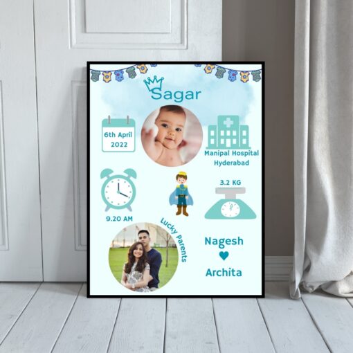 Personalized Baby Birth Frame Blue Colour | Newborn Photo Frame