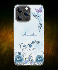 Blue Floral Minimalist Design With Name Printed Phone Case - Customized Premium Silicone Mobile Cover