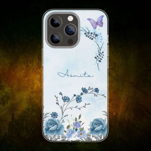 Blue Floral Minimalist Design With Name Printed Phone Case - Customized Premium Silicone Mobile Cover